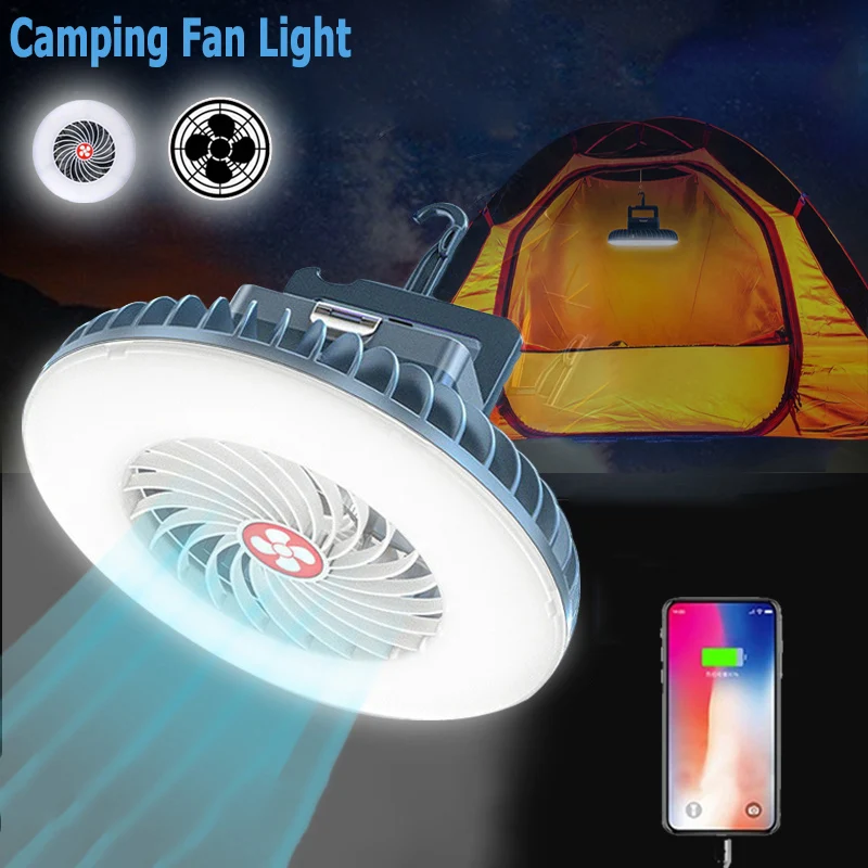 2 in 1 Camping Fan Light Multifunction LED Rechargeable Tent Hanging Fan Lamp Portable Summer Cool Fan Lantern with Power Bank