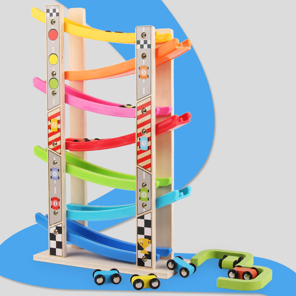 Wooden 7-layer ramp race track toy with eight colorful mini sliding cars.