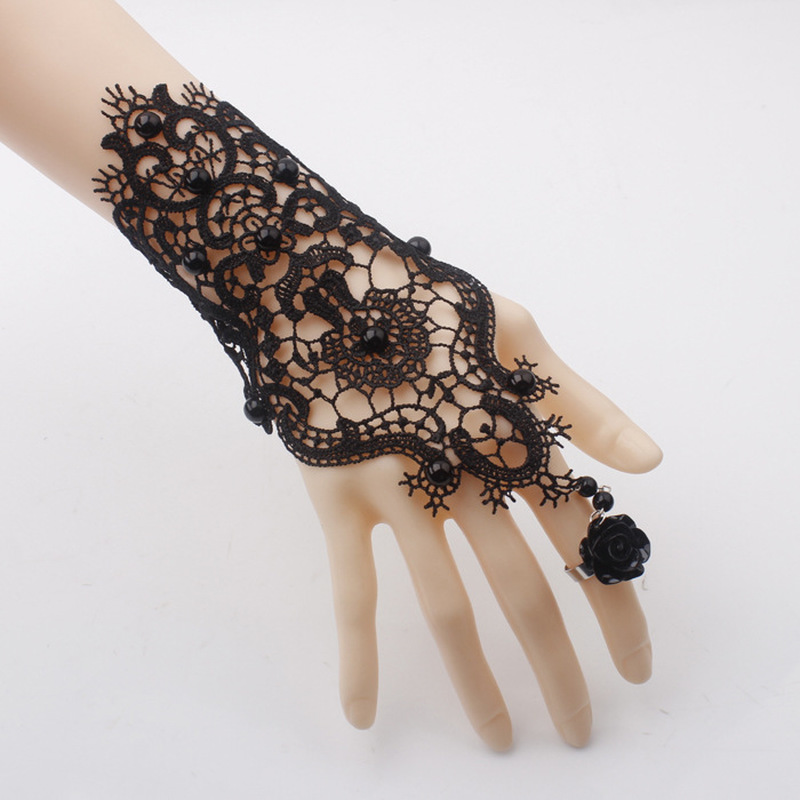 Black lace retro gloves and a matching flower bracelet ring set.