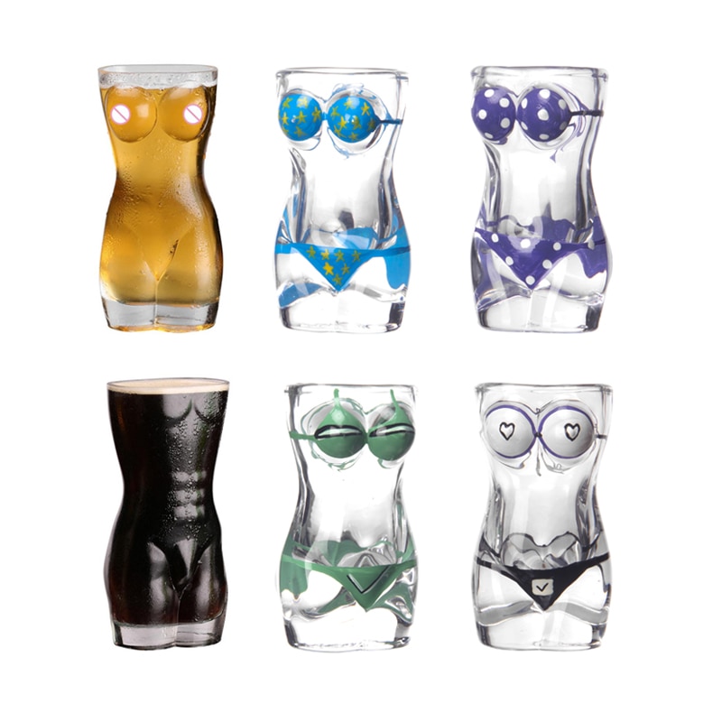 Sculpted glass novelty cup in a female torso shape, great for beverages.