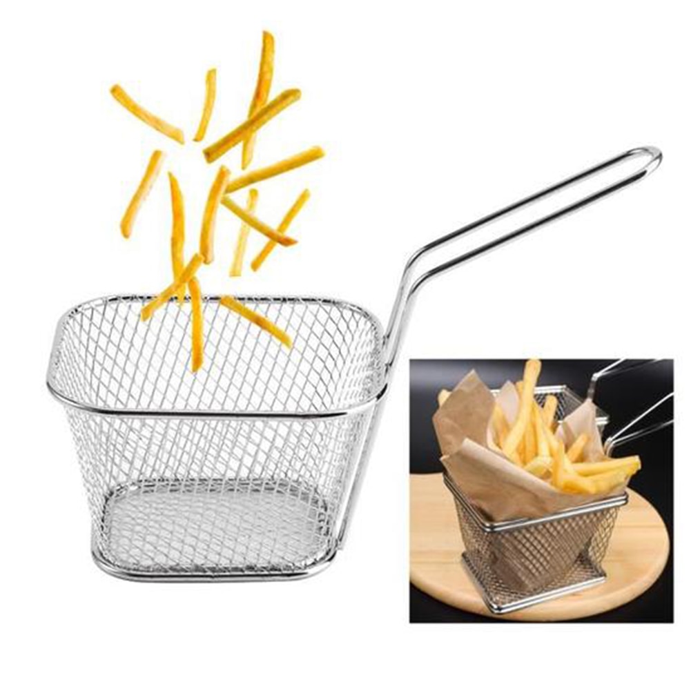 Mini stainless steel metal basket for serving French fries and food presentation.