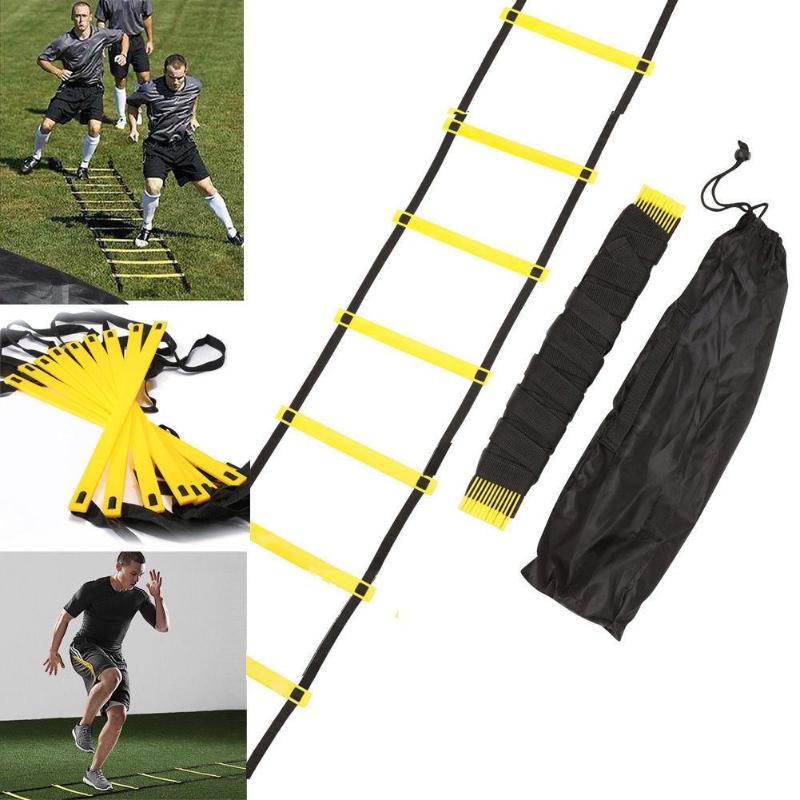 Multi-rung nylon strap agility ladder for soccer and football speed training.