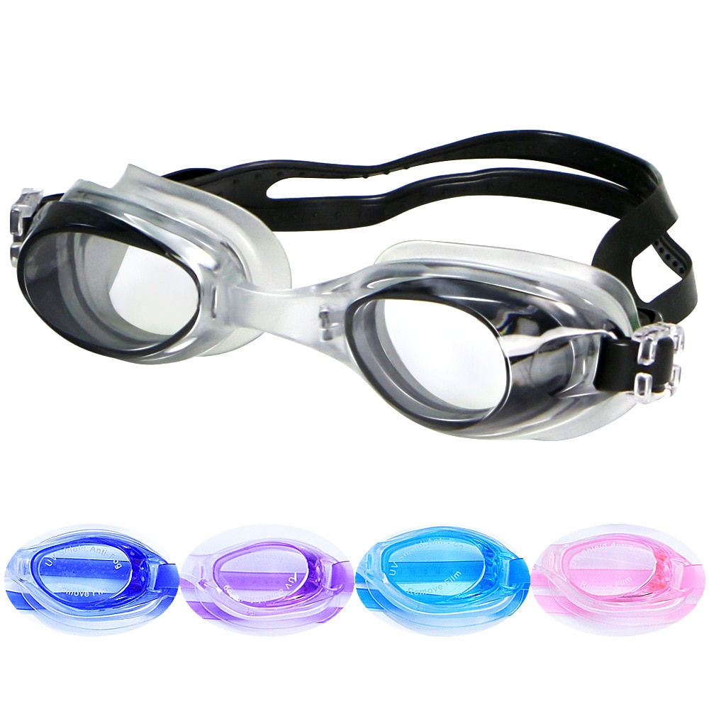 Versatile swimming goggles for all ages, complete with a clear protective travel case.