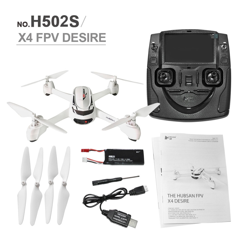 Hubsan FPV RC drone with 720P HD camera, GPS, one-key return, and headless mode.