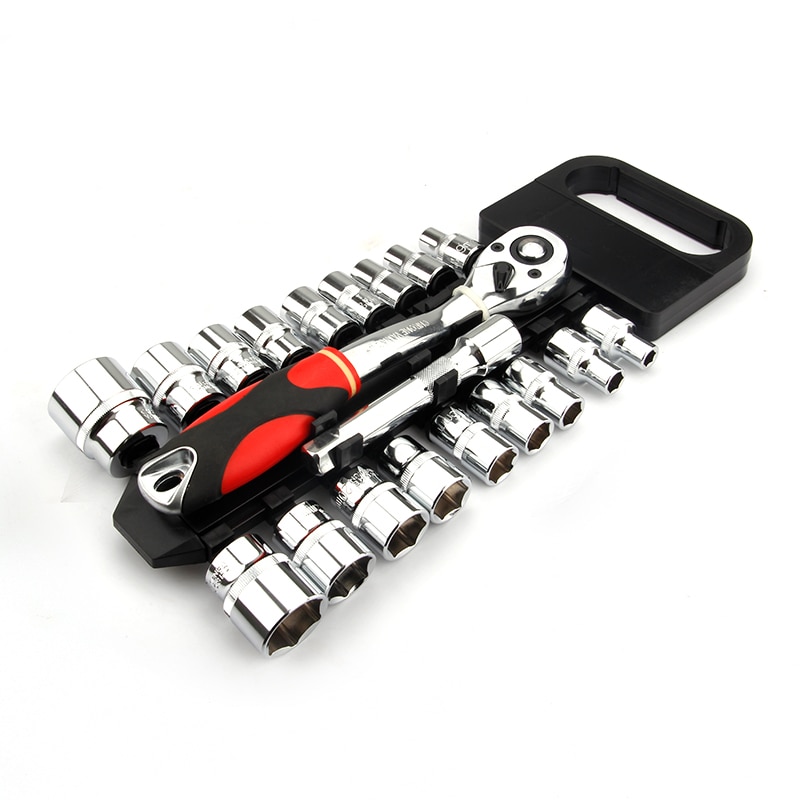 Reversible ratchet socket wrench set with 1/4, 3/8, 1/2 inch drive sockets on a hanging rack.