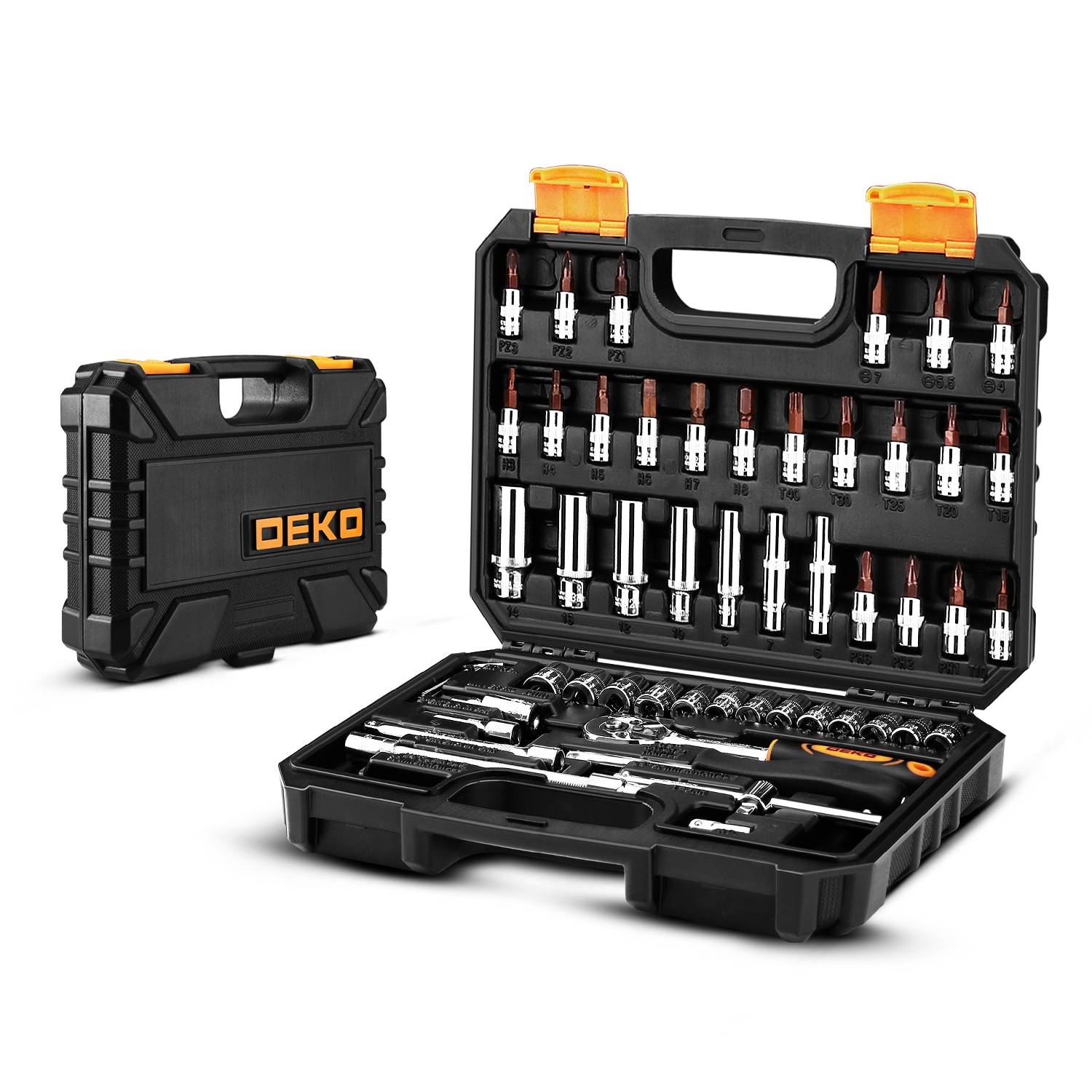A 53-piece multi-function socket and torque wrench set in a portable toolbox for auto repair.