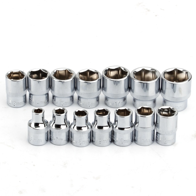A 14-piece 3/8-inch drive metric socket set for various auto repair tasks.