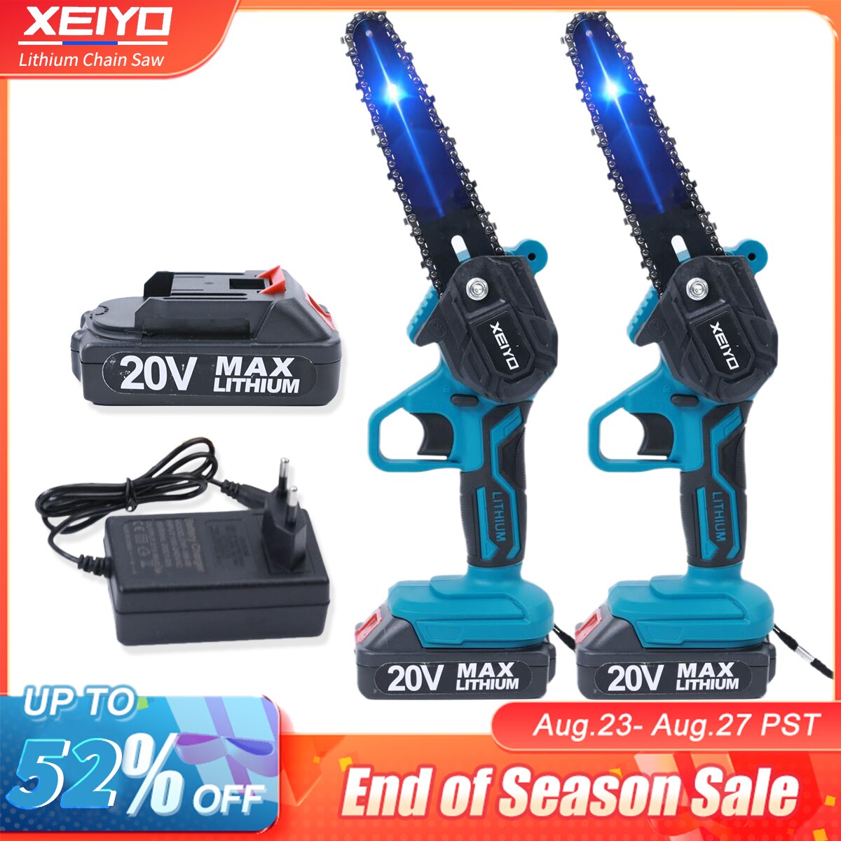 Handheld 6-inch electric chainsaw for wood cutting, compatible with Makita 18V batteries.