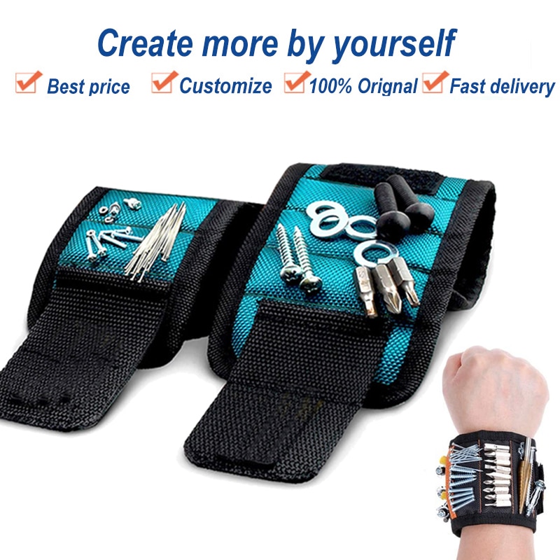 Magnetic tool holder wristband organizing screws and small metal parts for easy access.