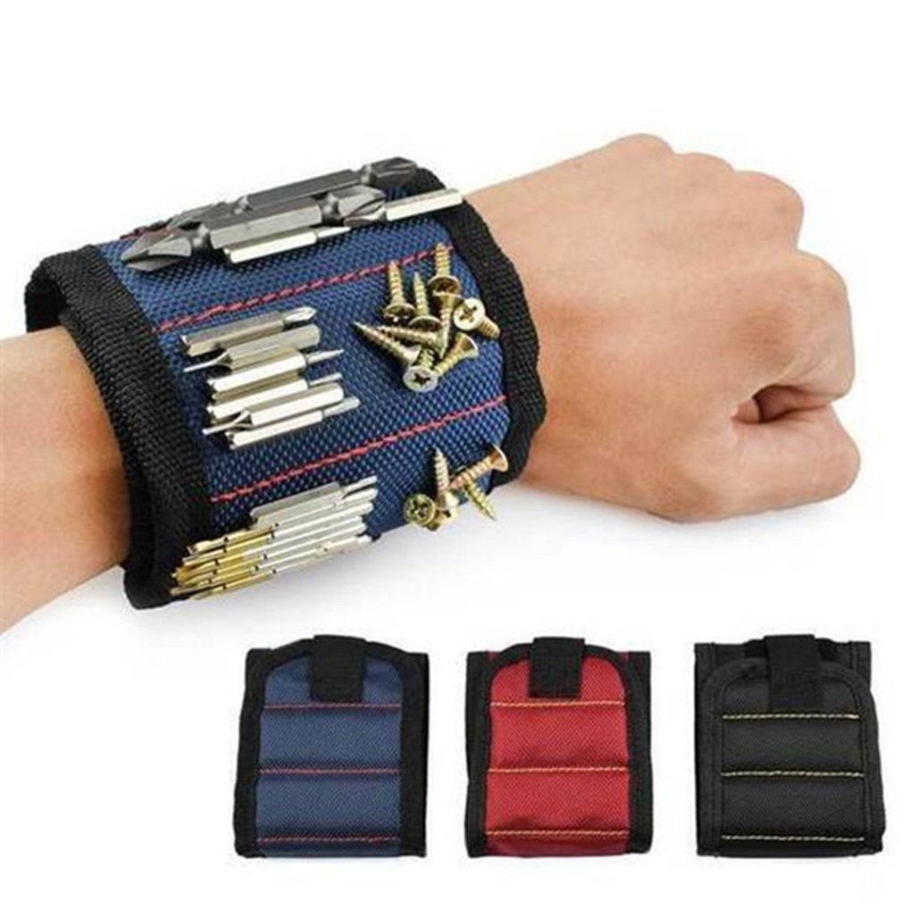 Magnetic wrist tool belt for conveniently holding screws, nails, and small parts.
