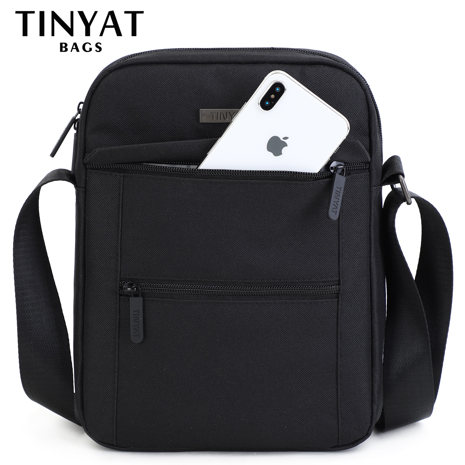 Black canvas men's messenger shoulder bag, waterproof, lightweight, for 9.7-inch pad.