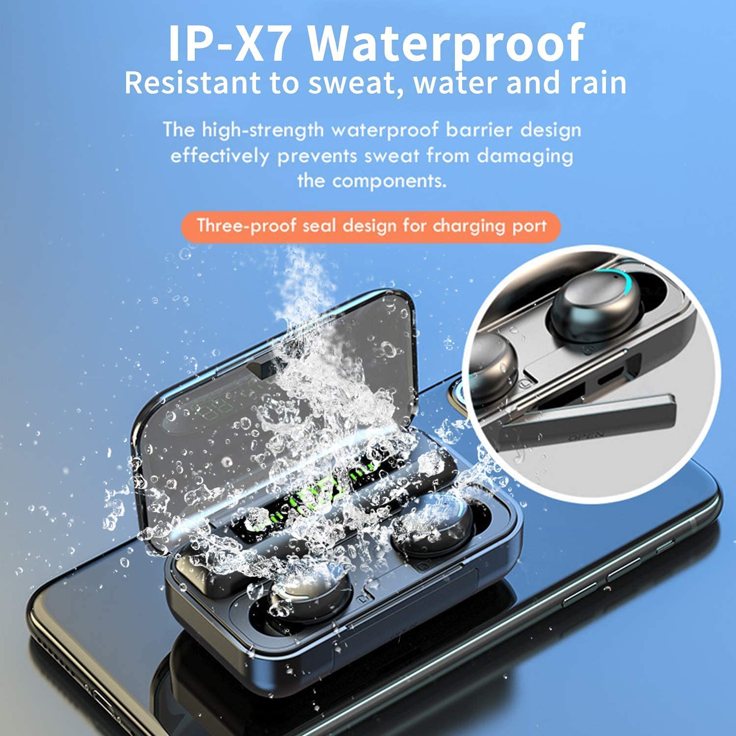 F9 wireless earbuds and charging case with an integrated LED display.