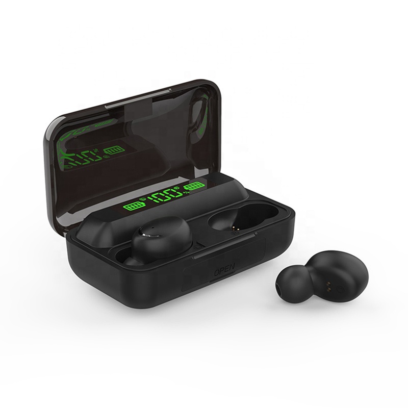 Black true wireless in-ear earbuds with a portable charging case and noise cancelling.