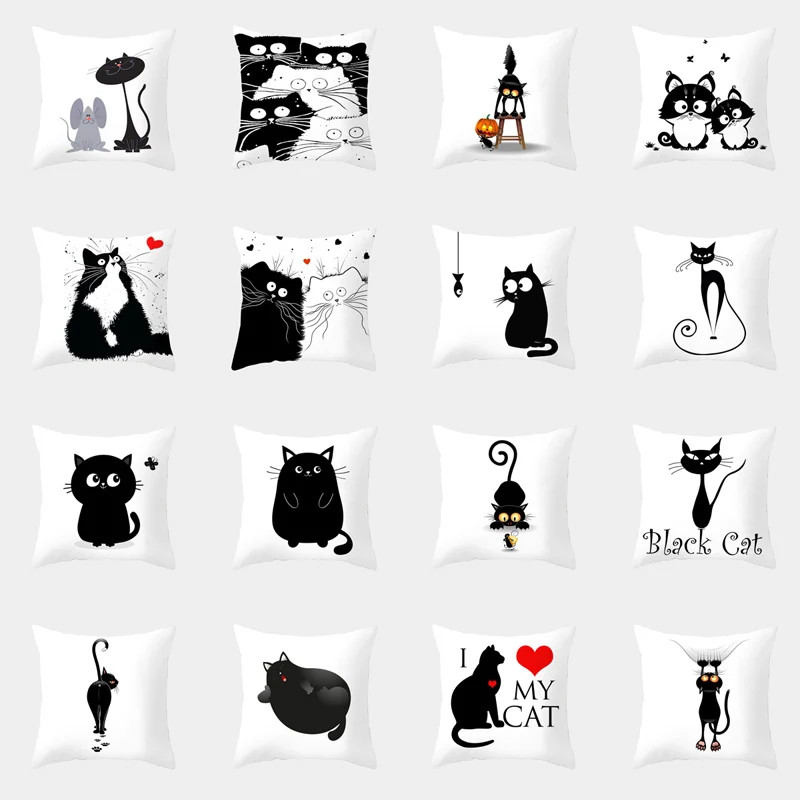Soft decorative cushion covers featuring various cute cartoon cat designs.