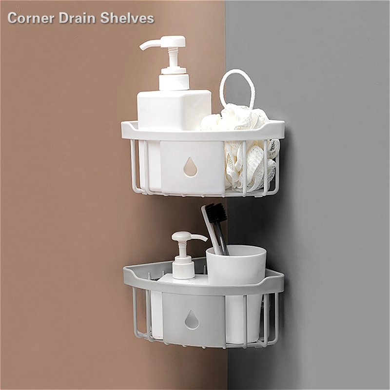 Traceless plastic corner shower caddy with drain holes for bathroom organization and storage.